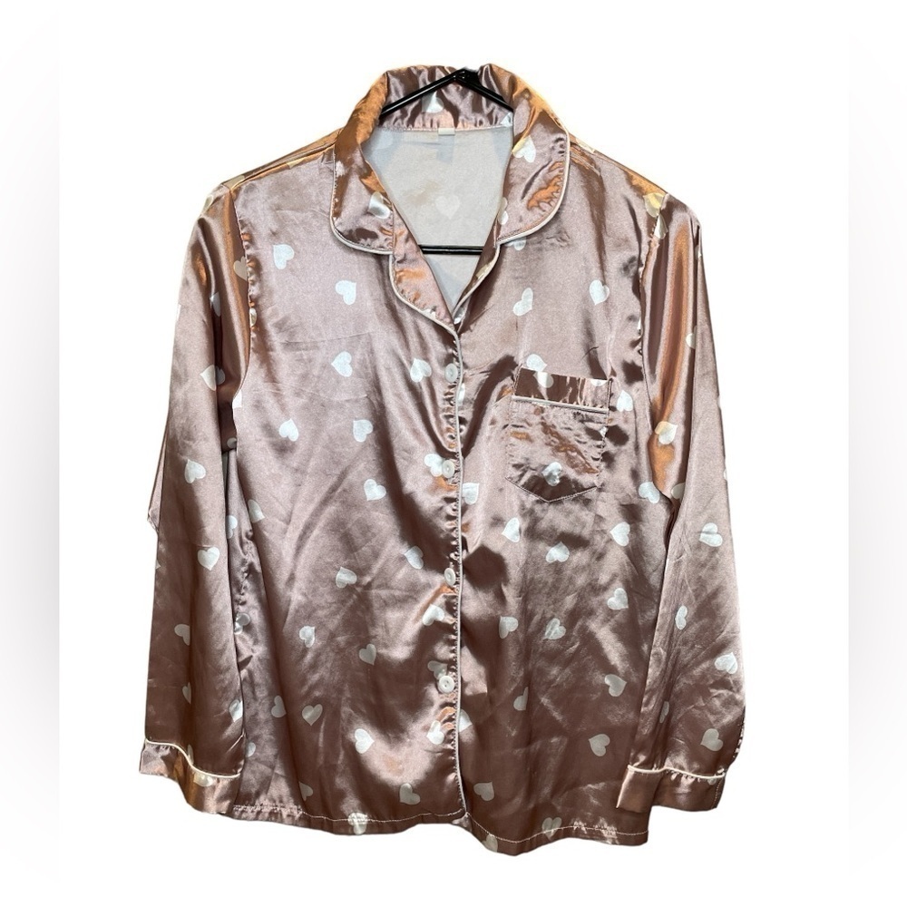 SHEIN Silk Comfy Heart Logo Womens Sleepwear Pajamas Pink White Size Small